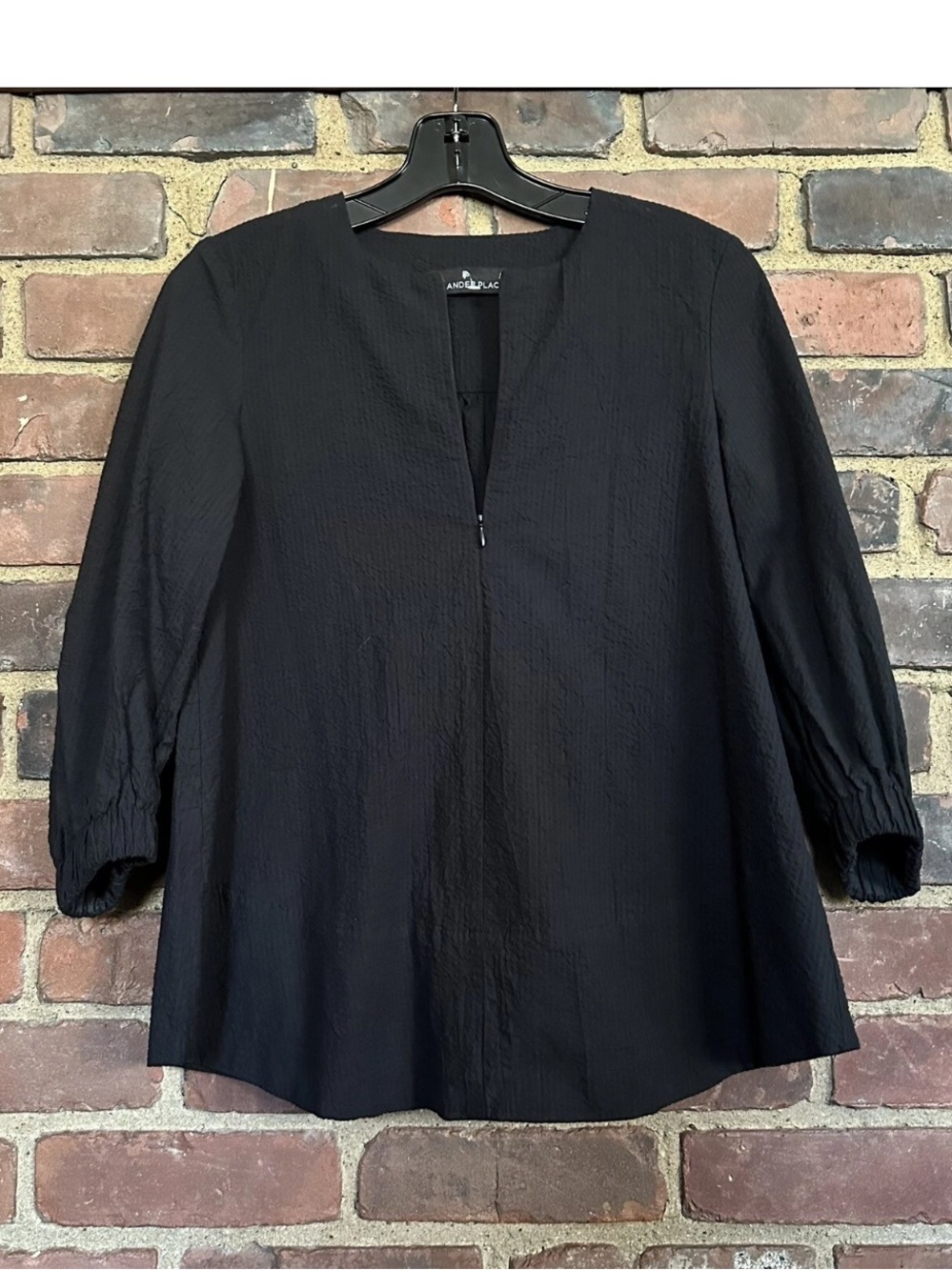 Pomander Place Black Textured Split-Neck 3/4 Sleeve Blouse